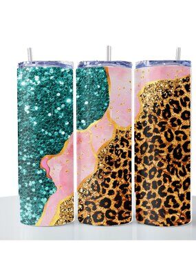Glitter. 20 oz printed tumbler with stainless steel straw. Silicone tip.